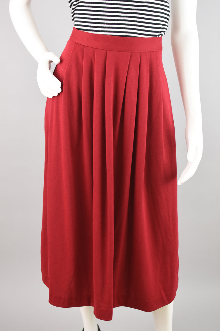 90s Red Pleated High Waist Maxi Skirt with Pockets, Women's Medium