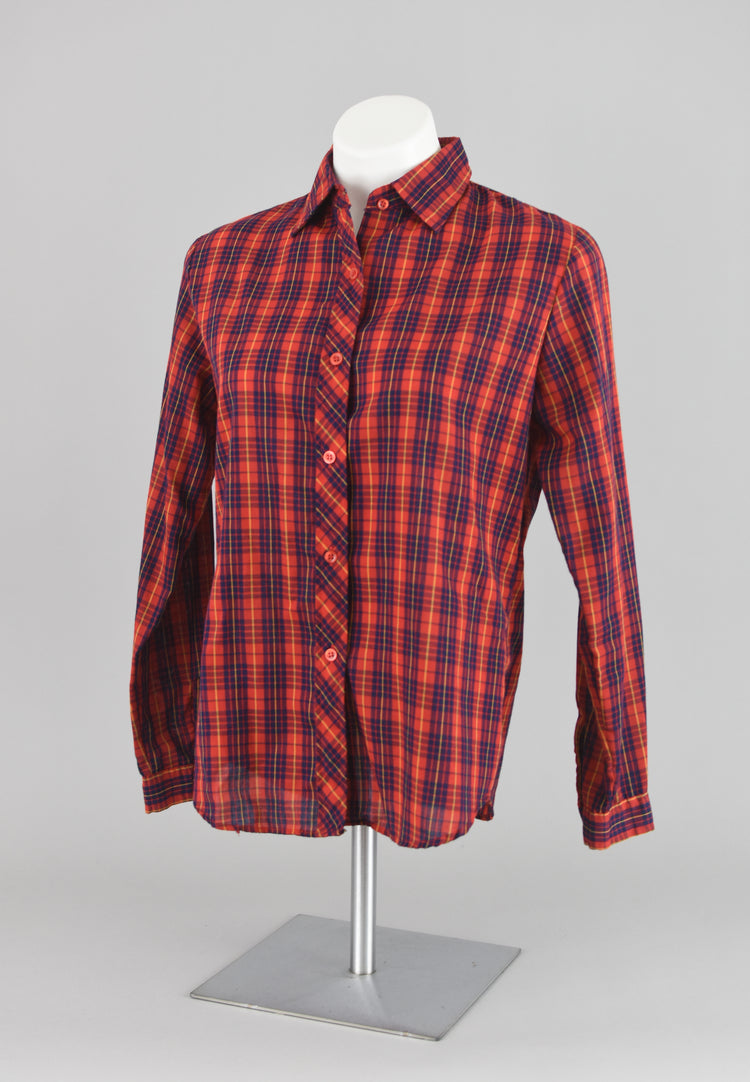 Vintage 60s Sears Button Down Red Plaid Shirt Women's Small