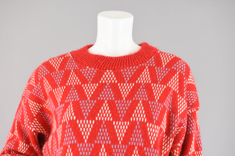 80s Oversized Red Chunky Knit Geometric Print Sweater Women's Large - Extra Large