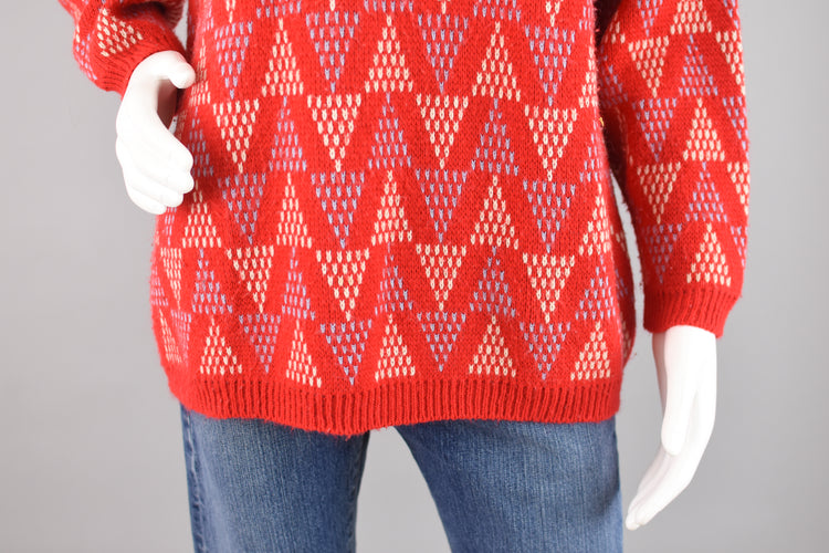 80s Oversized Red Chunky Knit Geometric Print Sweater Women's Large - Extra Large