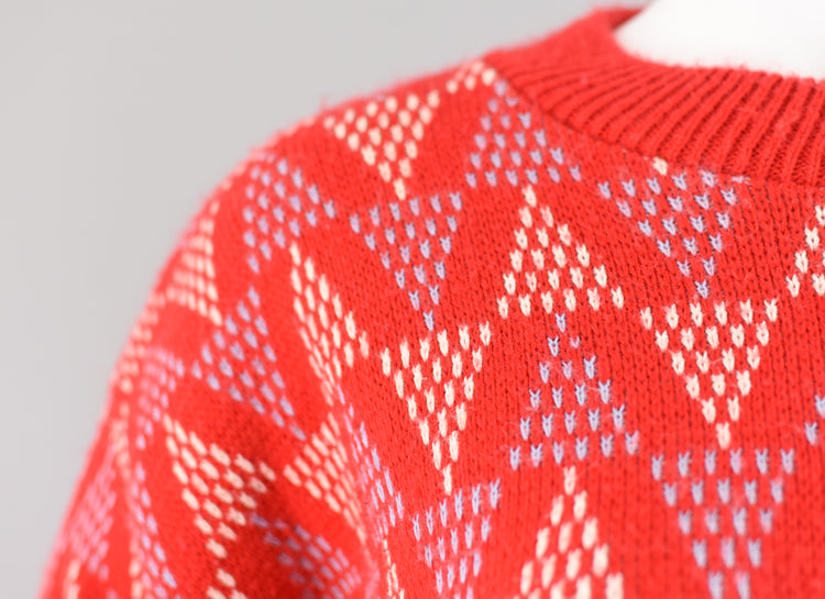 80s Oversized Red Chunky Knit Geometric Print Sweater Women's Large - Extra Large