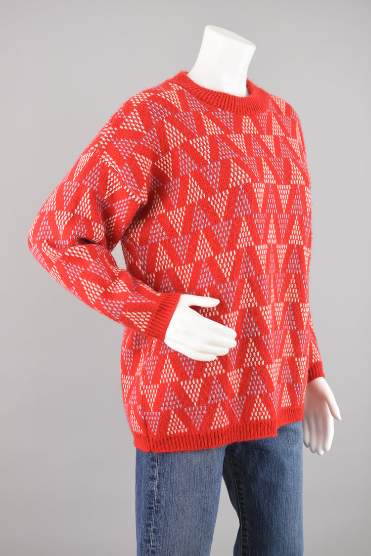 80s Oversized Red Chunky Knit Geometric Print Sweater Women's Large - Extra Large