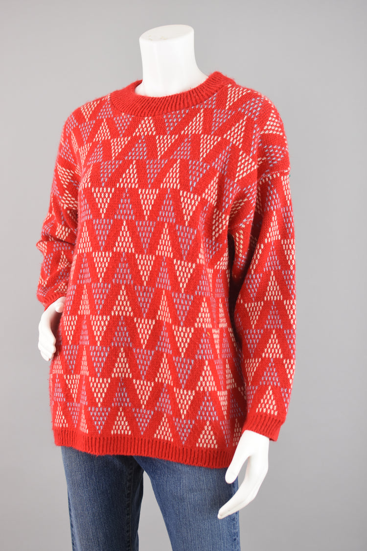 80s Oversized Red Chunky Knit Geometric Print Sweater Women's Large - Extra Large