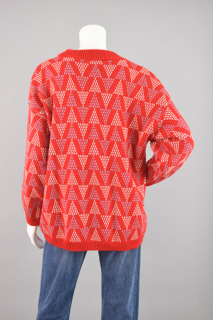 80s Oversized Red Chunky Knit Geometric Print Sweater Women's Large - Extra Large