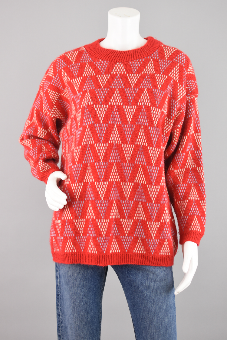 80s Oversized Red Chunky Knit Geometric Print Sweater Women's Large - Extra Large