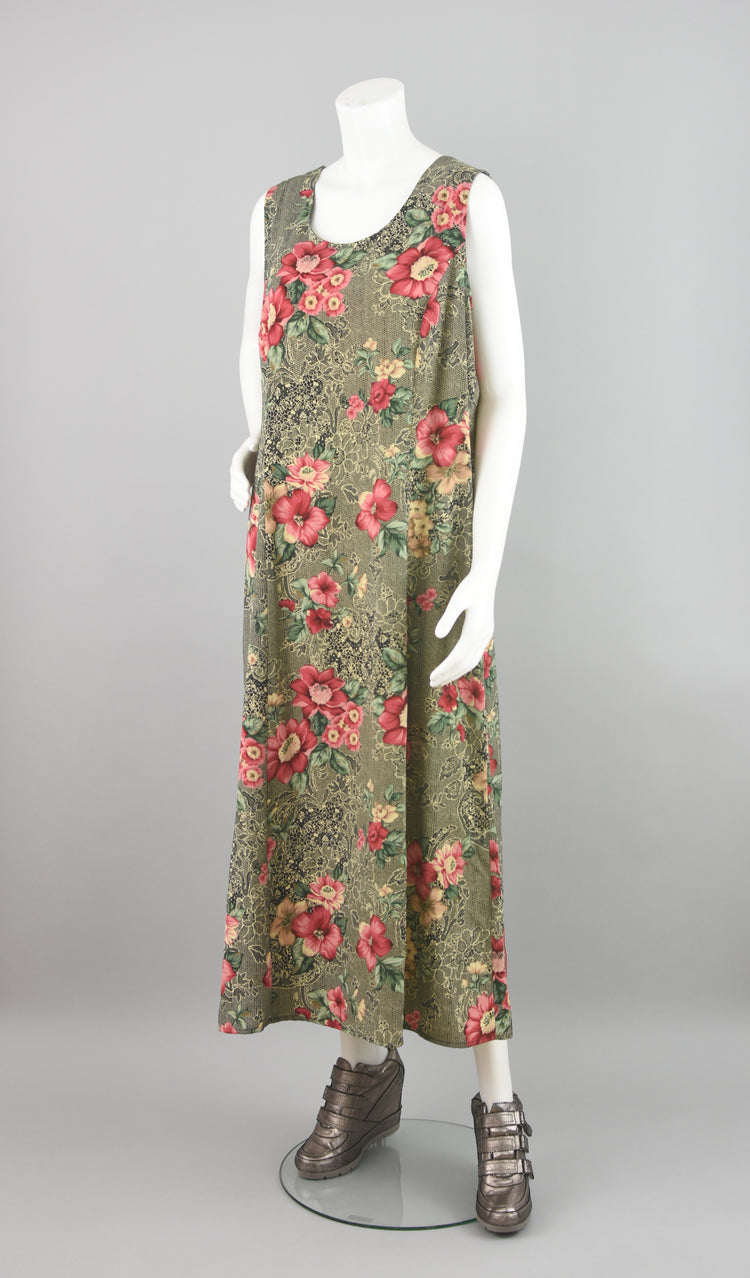 90s Silky Polyester Floral Pattern Maxi Plus Size