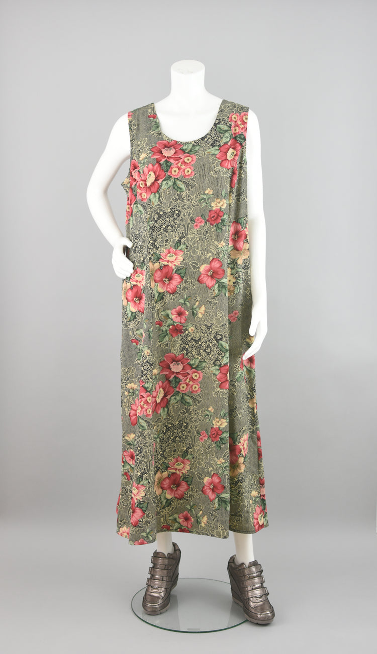 90s Silky Polyester Floral Pattern Maxi Plus Size