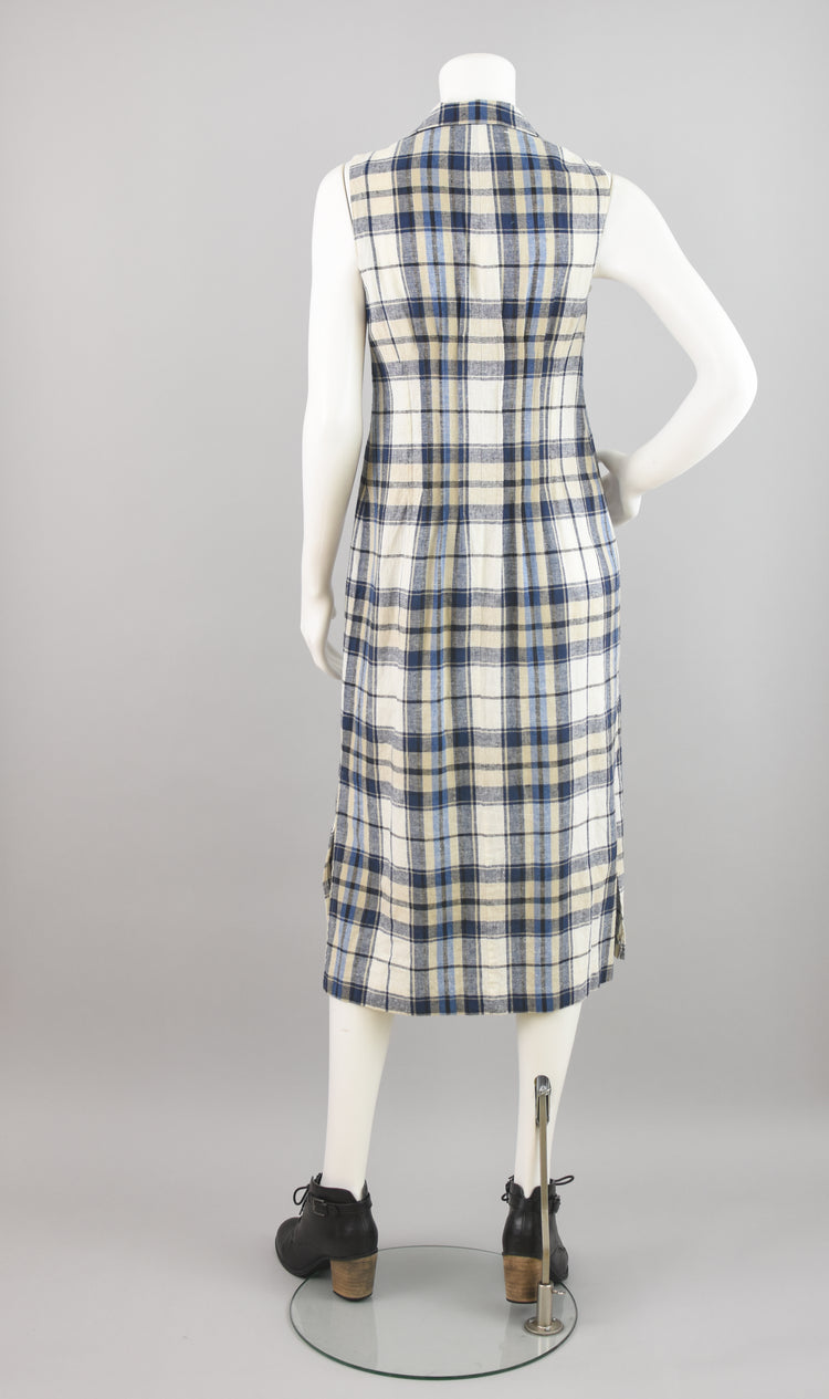 90s Linen Plaid Button Down Sleeveless Dress, Women's Petite Size 6