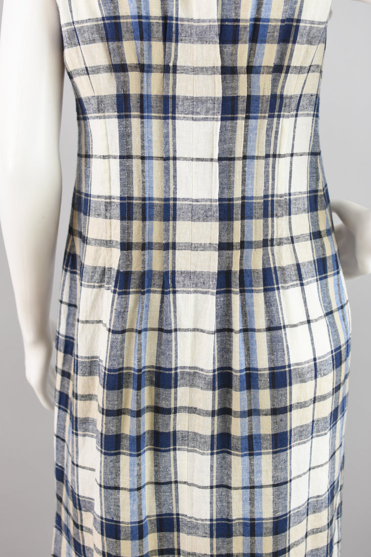 90s Linen Plaid Button Down Sleeveless Dress, Women's Petite Size 6