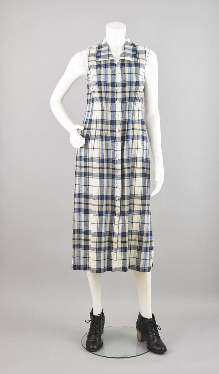 90s Linen Plaid Button Down Sleeveless Dress, Women's Petite Size 6