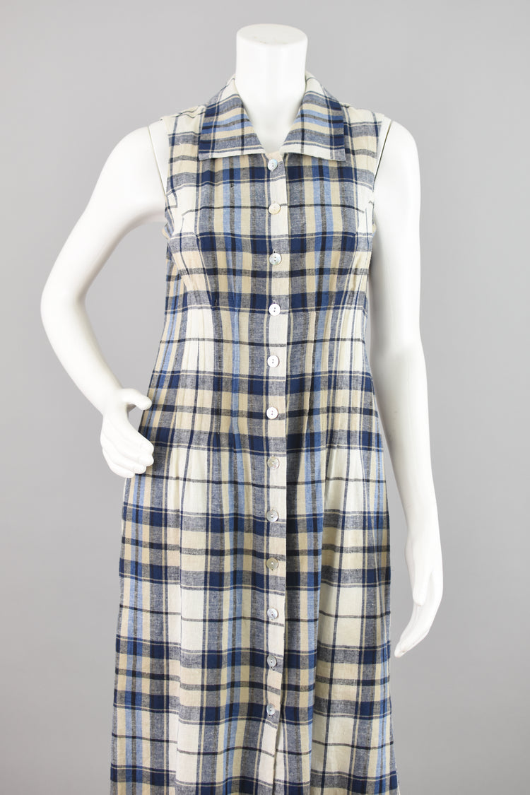 90s Linen Plaid Button Down Sleeveless Dress, Women's Petite Size 6