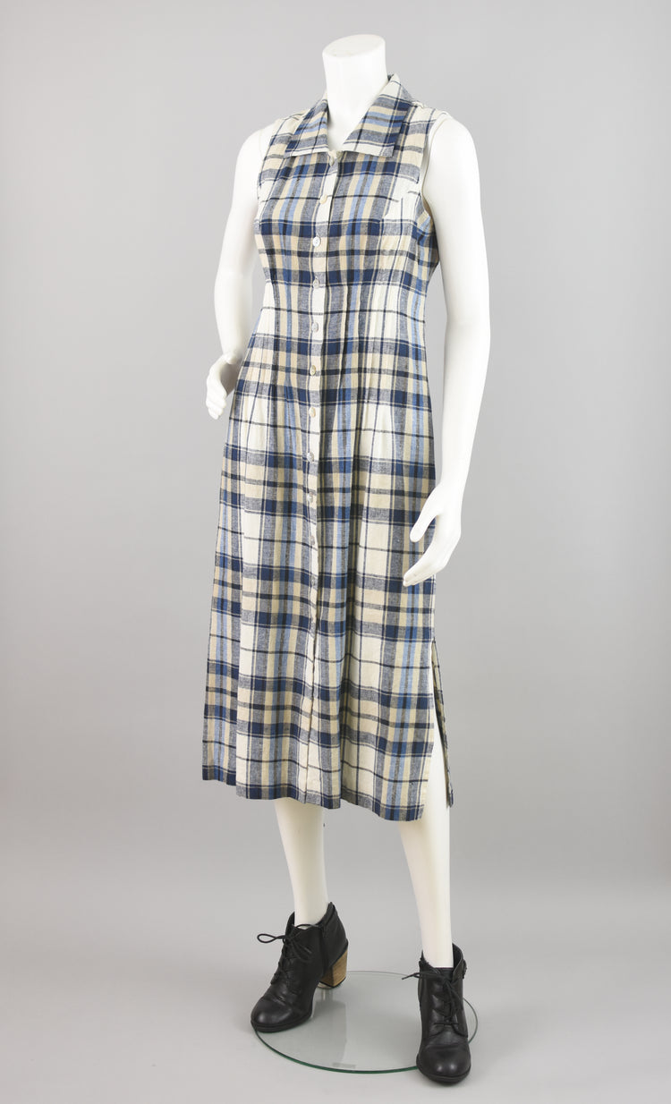 90s Linen Plaid Button Down Sleeveless Dress, Women's Petite Size 6