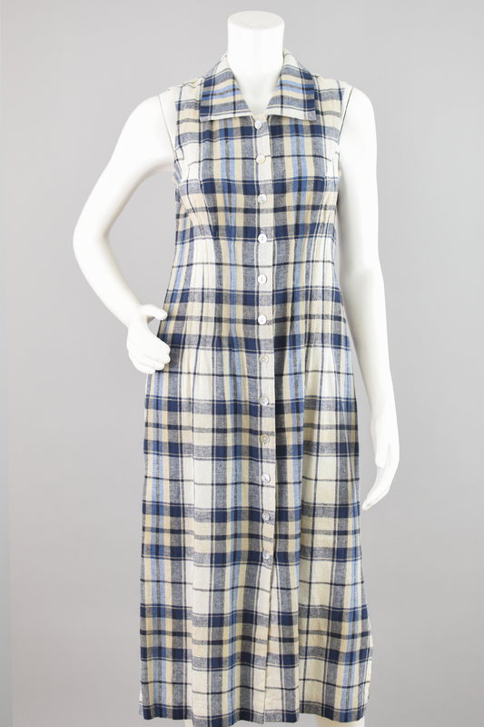 90s Linen Plaid Button Down Sleeveless Dress, Women's Petite Size 6