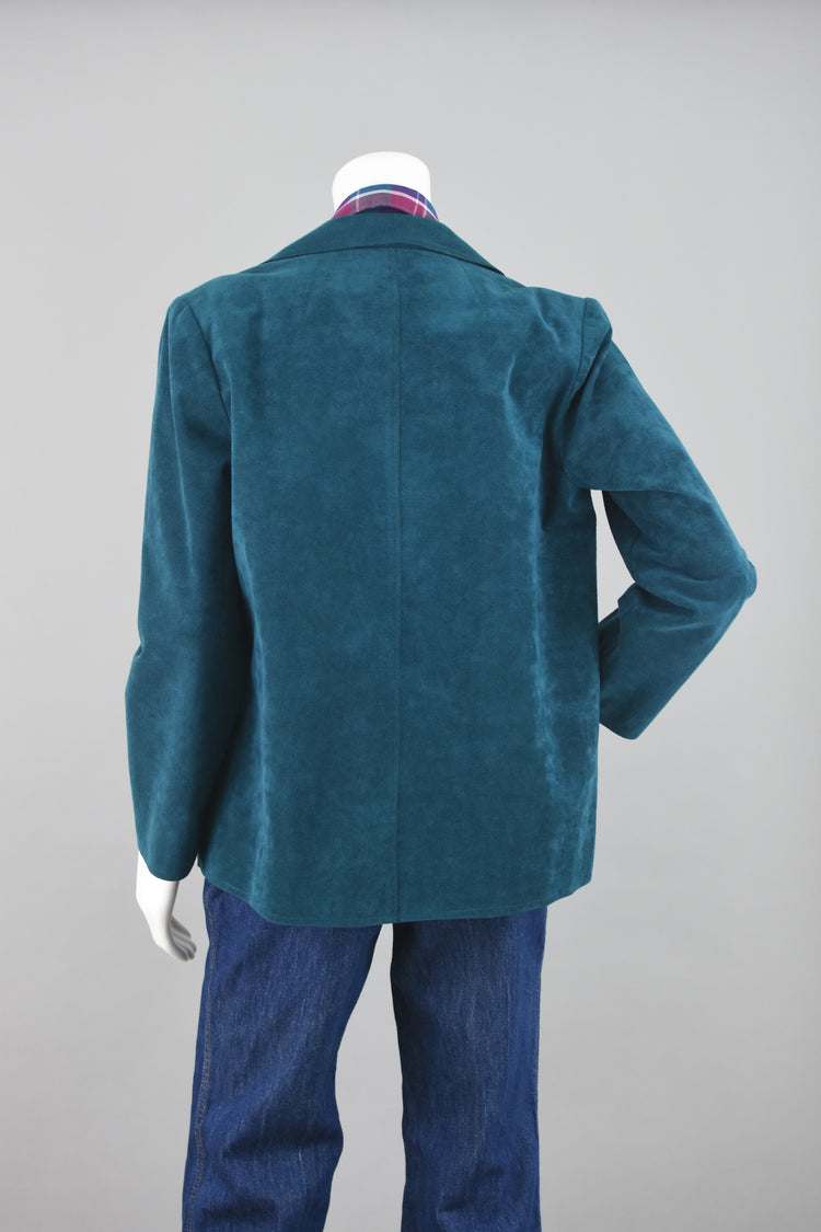 70s Vegan Suede Teal Open Front Blazer Medium - Large