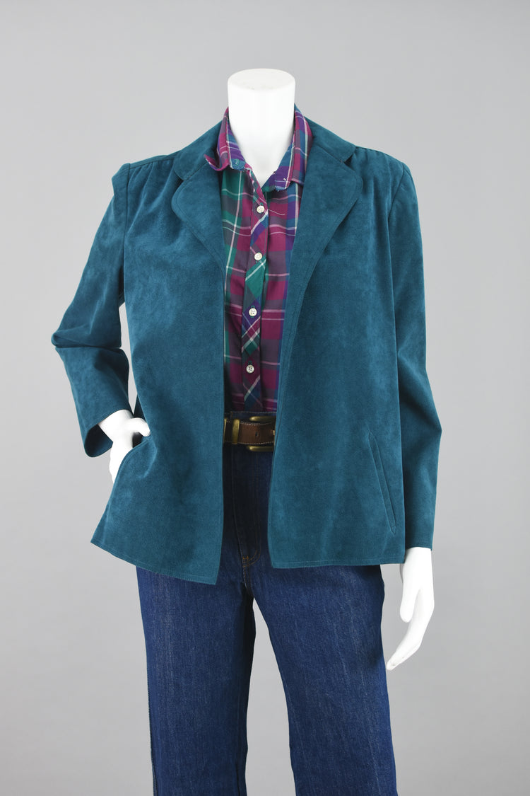 70s Vegan Suede Teal Open Front Blazer Medium - Large