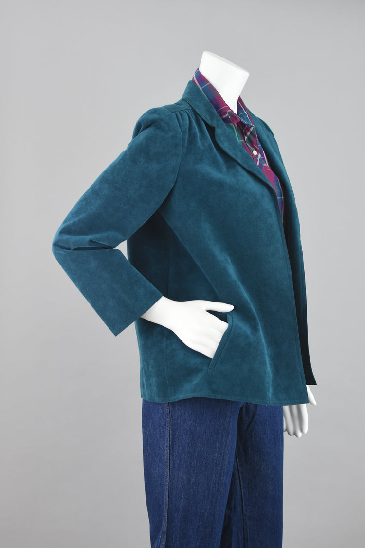 70s Vegan Suede Teal Open Front Blazer Medium - Large