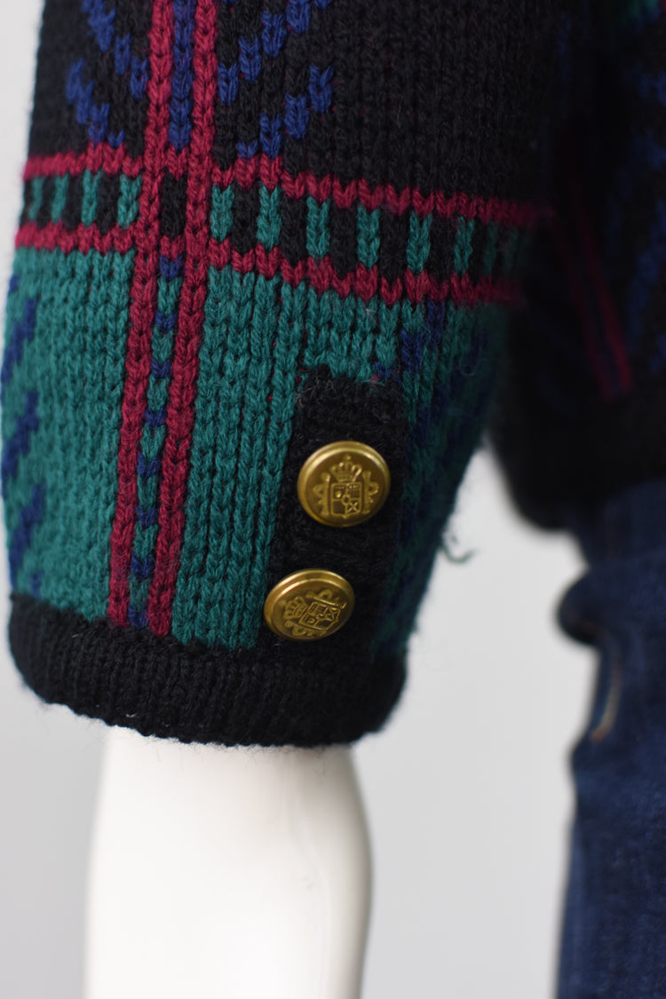 80s Tally-Ho Plaid Knit Cardigan with Crest Buttons, Women's Medium