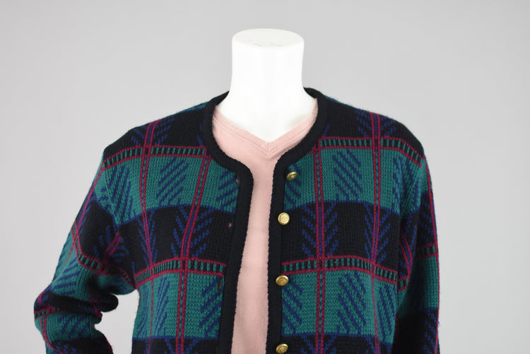 80s Tally-Ho Plaid Knit Cardigan with Crest Buttons, Women's Medium