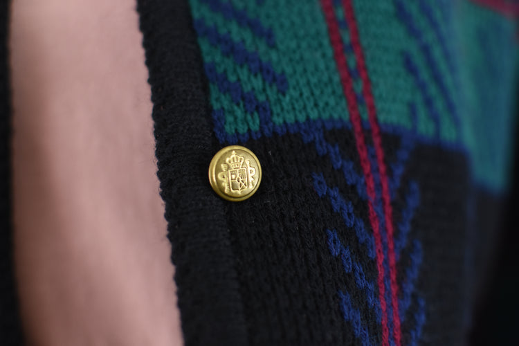 80s Tally-Ho Plaid Knit Cardigan with Crest Buttons, Women's Medium