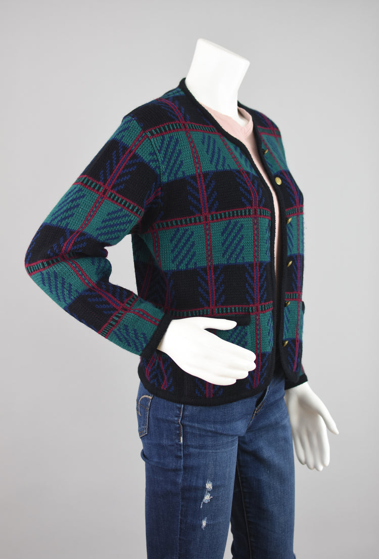 80s Tally-Ho Plaid Knit Cardigan with Crest Buttons, Women's Medium