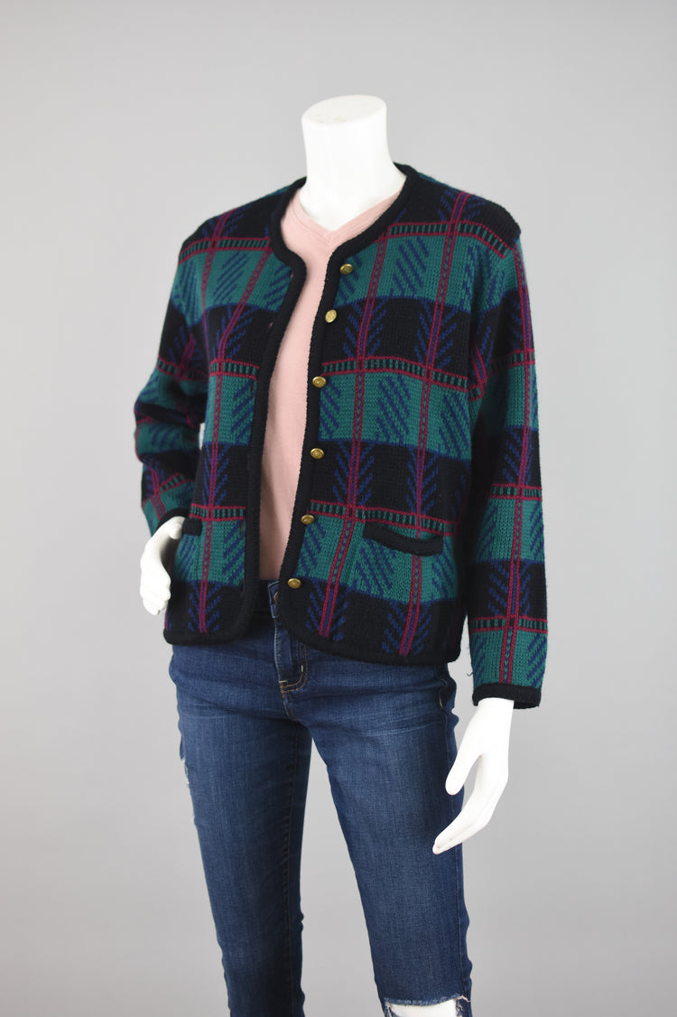 80s Tally-Ho Plaid Knit Cardigan with Crest Buttons, Women's Medium