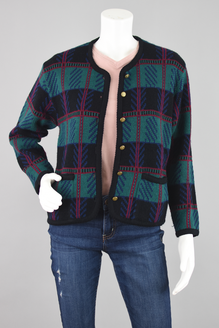 80s Tally-Ho Plaid Knit Cardigan with Crest Buttons, Women's Medium