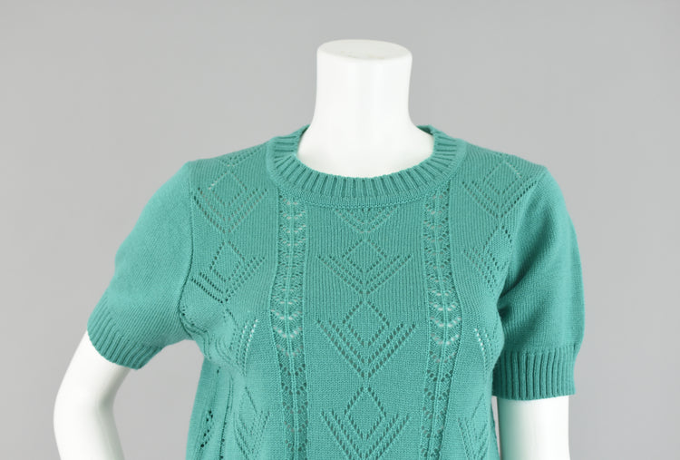 Vintage Short Sleeve Crochet Knit Green Sweater Women's Petite Medium