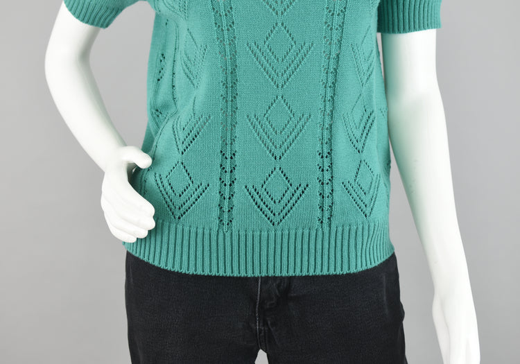 Vintage Short Sleeve Crochet Knit Green Sweater Women's Petite Medium