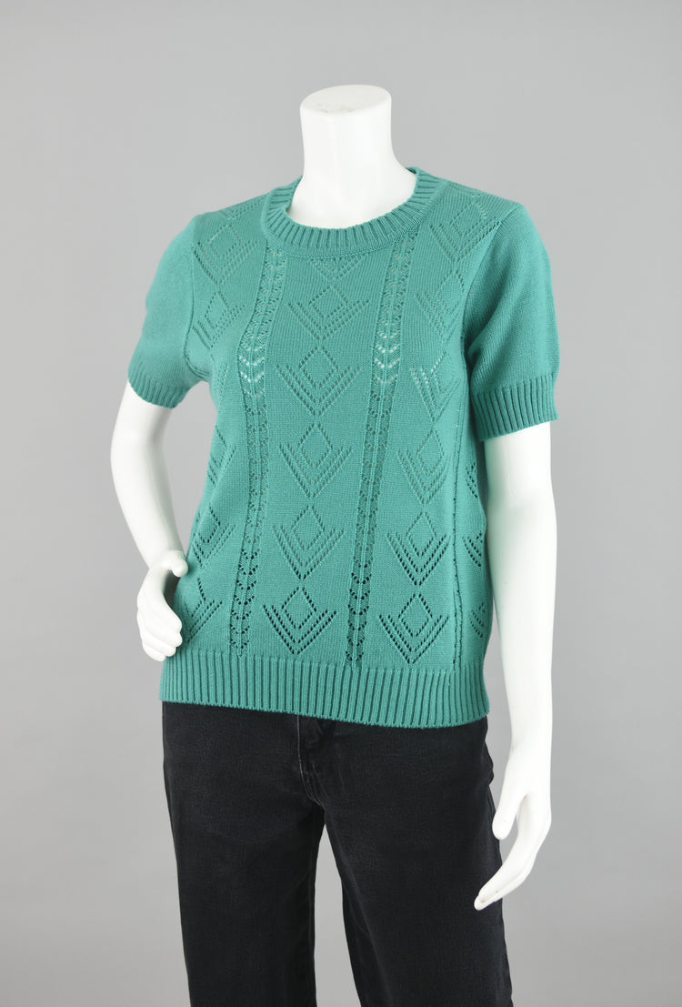 Vintage Short Sleeve Crochet Knit Green Sweater Women's Petite Medium