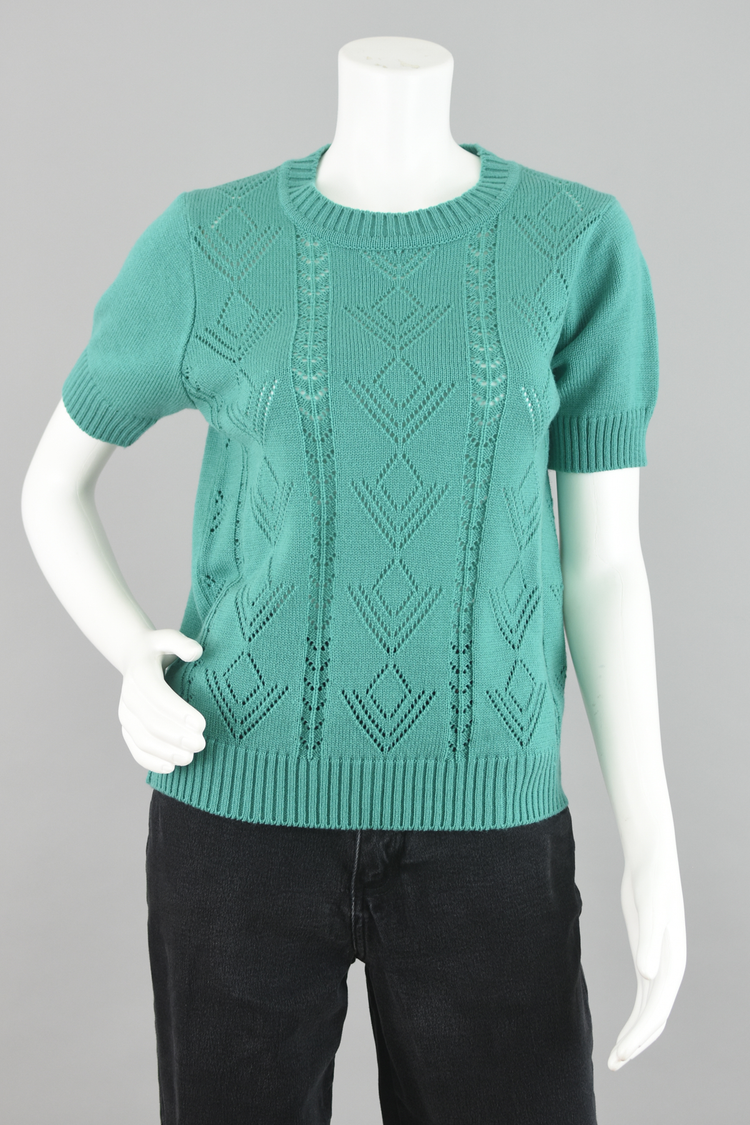 Vintage Short Sleeve Crochet Knit Green Sweater Women's Petite Medium