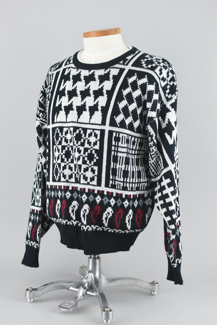 90s Black & White Geometric Sweater Men's Extra Large