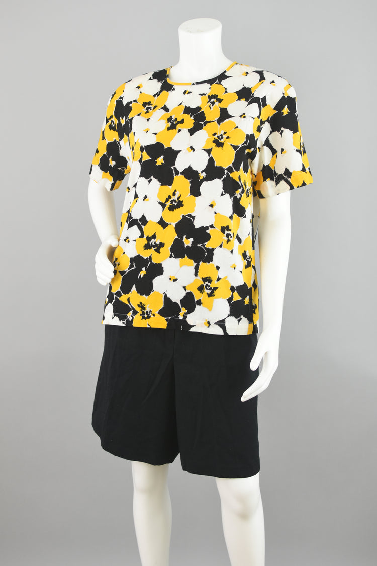 80s Abstract Black & Yellow Floral Blouse Women’s Size 6