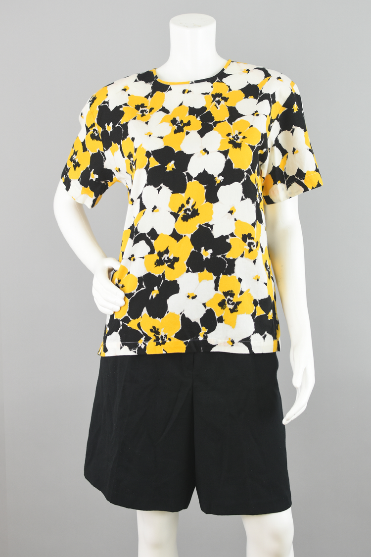 80s Abstract Black & Yellow Floral Blouse Women’s Size 6